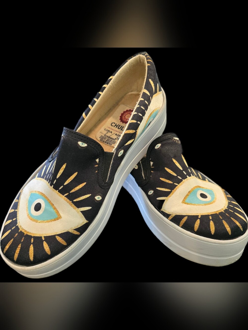 Chula Black & Gold Slip-On Platform Sneakers with Evil Eye Motif